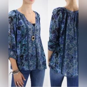 JOIE Anthropology Top Blue Green 3/4 Long Sleeve Silk Florals size M